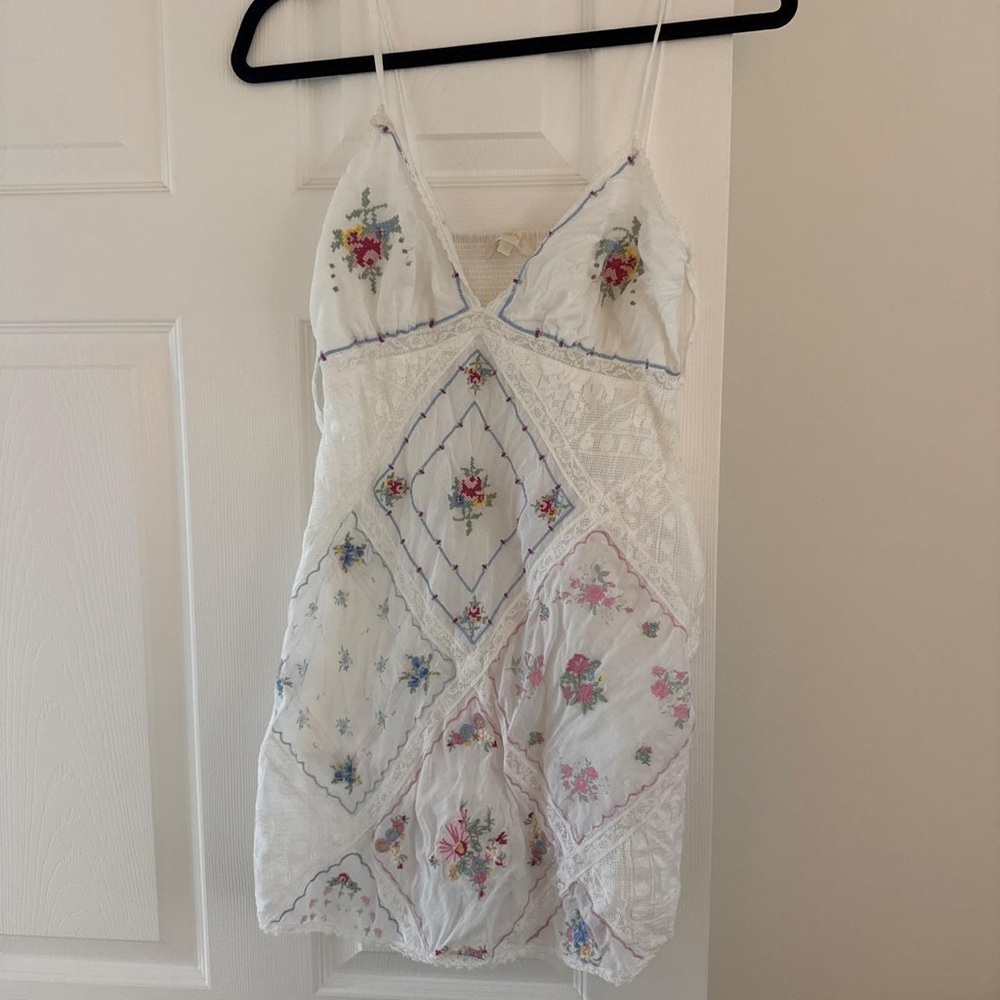 LoveShackFancy White Floral Patchwork Slip Dress with Multicolor Embroidery